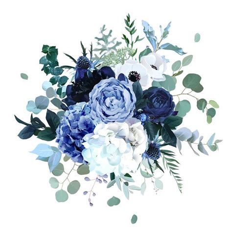 Royal blue, navy garden rose, white hydrangea flowers, anemone, thistle ...