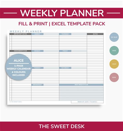 Editable Weekly Planner Excel Template Printable Weekly Calendar One ...