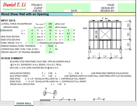 Wood Shear Wall with an Opening - Excel Sheets