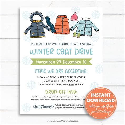 Winter Coat Drive Flyer Editable Template, Winter Clothing Donations, 8 ...