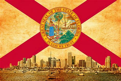 Downtown Miami skyline blended with the Florida flag and printed on old ...