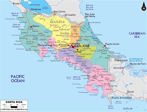 Large political and administrative map of Costa Rica with roads, cities ...