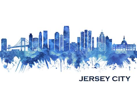 Jersey city New Jersey Skyline Blue Mixed Media by NextWay Art - Fine ...