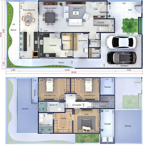 Planta de sobrado moderno com 3 quartos. Planta para terreno 10x20 ...