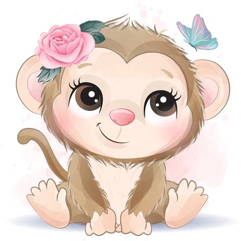 Cute monkey clipart with watercolor illustration