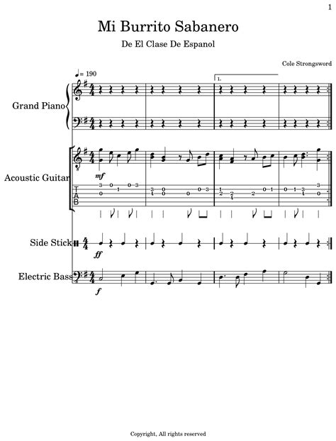 Mi Burrito Sabanero - Sheet music for Piano, Acoustic Guitar, Drum Set ...