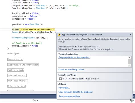 Exception thrown: 'System.TypeInitializationException' in FNA.dll ...