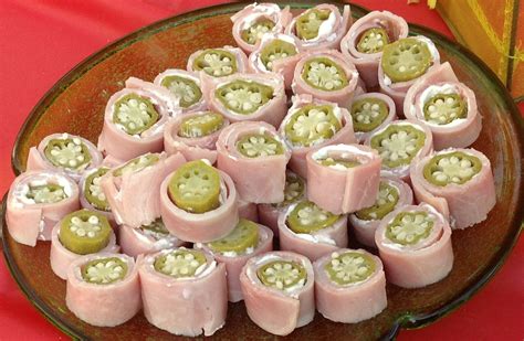 Okra rollups: pickled okra, sliced deli ham, and whipped cream cheese ...