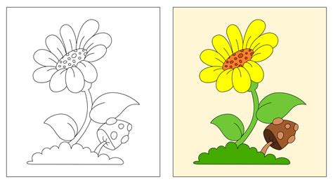 flowers and mushrooms coloring book or page, education for kids, vector ...