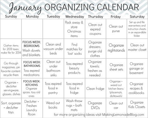 Free Printable January Organizing Calendar - Making Lemonade