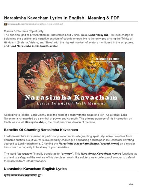 Narasimha Kavacham Lyrics in English Meaning and PDF | PDF | Religious ...