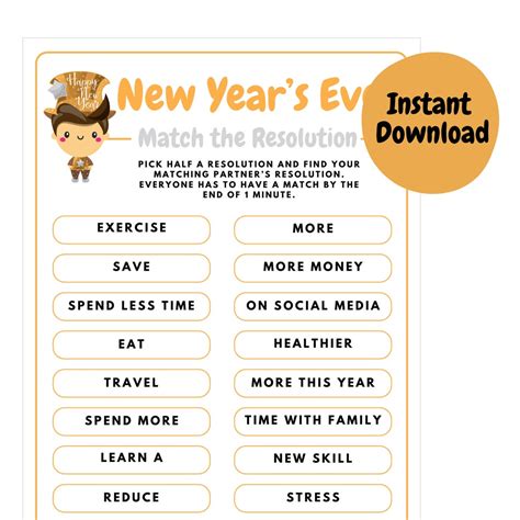 New Years Eve Match the Resolution Game New Years Games Printable New ...