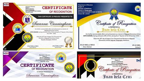 three certificates with different colors and designs