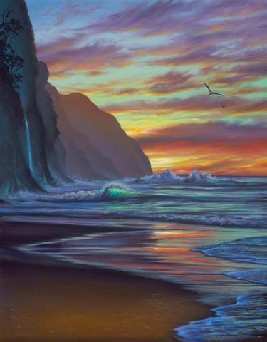 an oil painting of a sunset at the beach with waves crashing in to ...