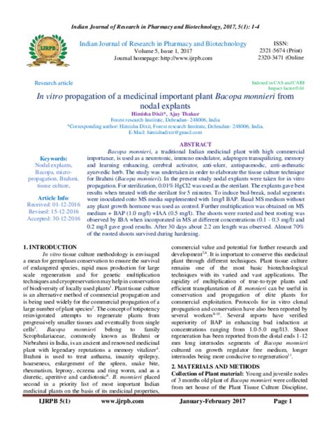 (PDF) In vitro propagation of a medicinal important plant Bacopa ...