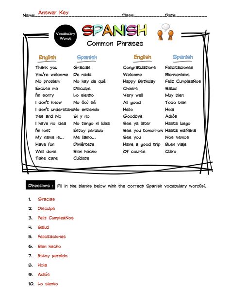 Spanish Common Phrases Vocabulary Word List Worksheet & Answer Key ...