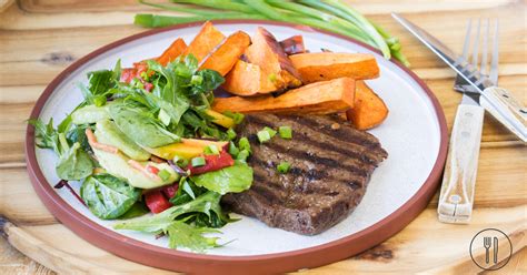 Cajun steaks with nectarine salad & sweet potato chips | Dinner Twist