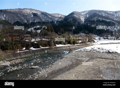 Shirakawago world Heritage, Gassho-zukuri along sho-river Stock Photo ...