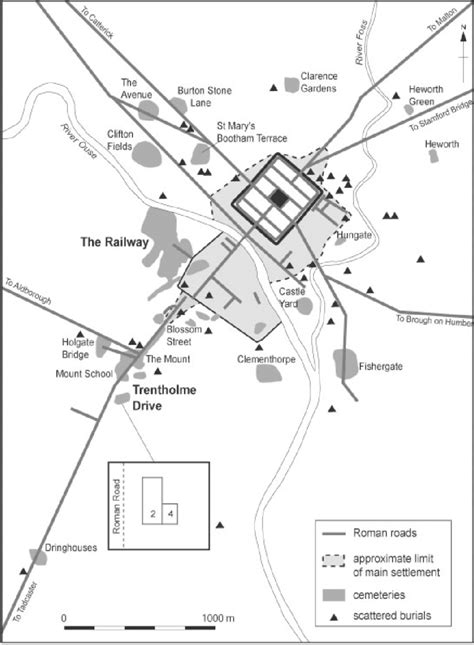 Map of Roman York showing the cemetery sites of The Railway and ...