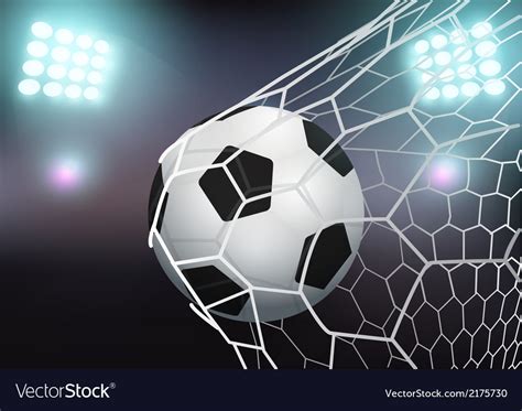 Soccer ball in the goal net on stadium with light Vector Image