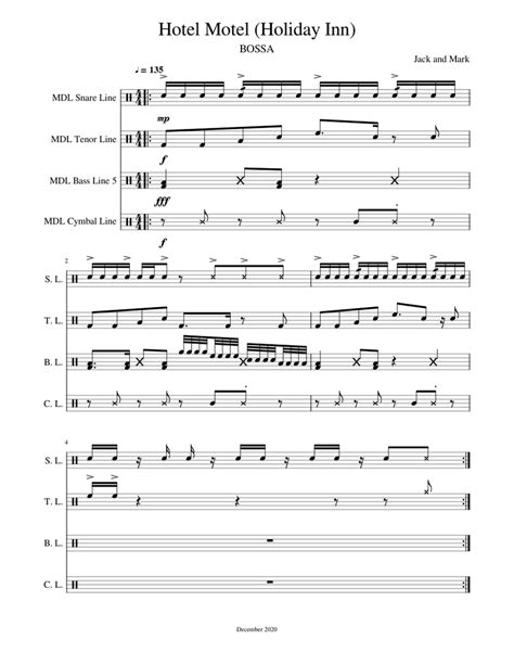 Hotel Motel (Holiday Inn) Sheet music for Snare drum, Crash, Tenor drum ...