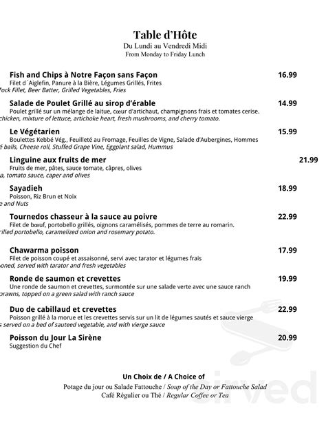 La Sirene de la Mer menu in Mont-Royal, Quebec, Canada