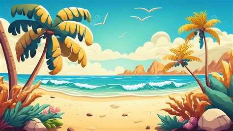 Summer Beach Cartoon Background, Summer, Beach, Vacation Background ...