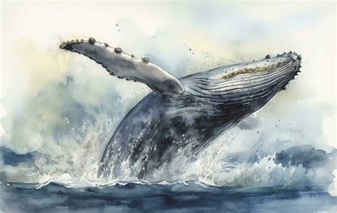 A whale breaching in a stormy ocean watercolor painting, beautiful ...