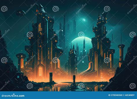 Futuristic City Skyline with Metallic Accents Stock Illustration ...