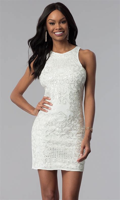 Embellished Short Sleeveless Graduation Dress | Short white sequin ...