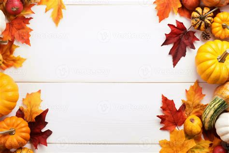 Thanksgiving background. Top view white wood table decor from pumpkin ...