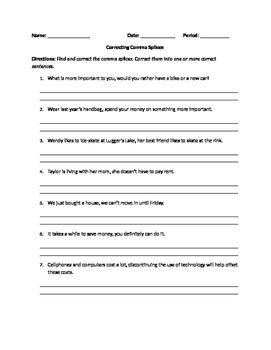 Comma Splices Worksheet by The Reading Tree | Teachers Pay Teachers