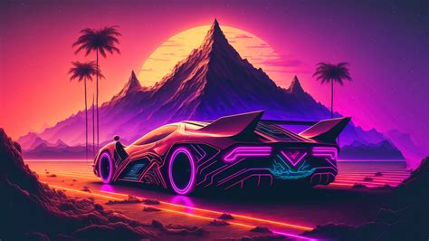 Sports Car In A Futuristic Mountain Sunset Wallpaper 8K