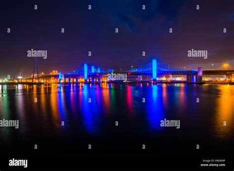 The Pearl Harbor Memorial Bridge at night in New Haven, Connecticut ...