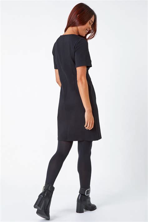 Black Petite Belted Shift Stretch Dress | Roman UK