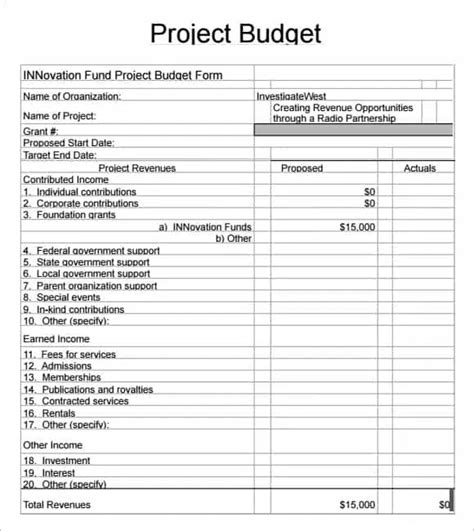 Project Budget Template Word