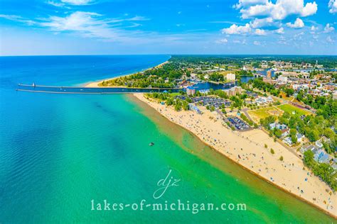 St Joseph Shoreline with Silver Beach and Piers from SW — Aerial ...