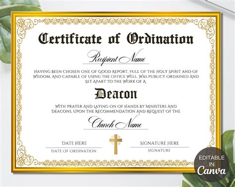 Deacon Ordination Certificate Template Printable Certificate - Etsy