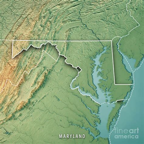 Maryland State USA 3D Render Topographic Map Border Digital Art by ...