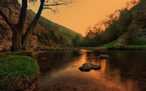 Wallpaper : lake, pond, stones, trees, Twilight, grass, evening ...