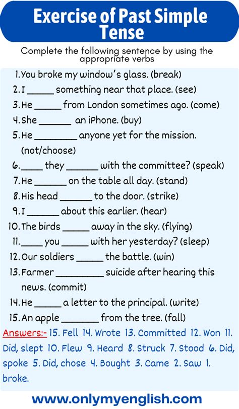 Exercises Past Simple tense with Answers | Simple past tense, Tenses ...