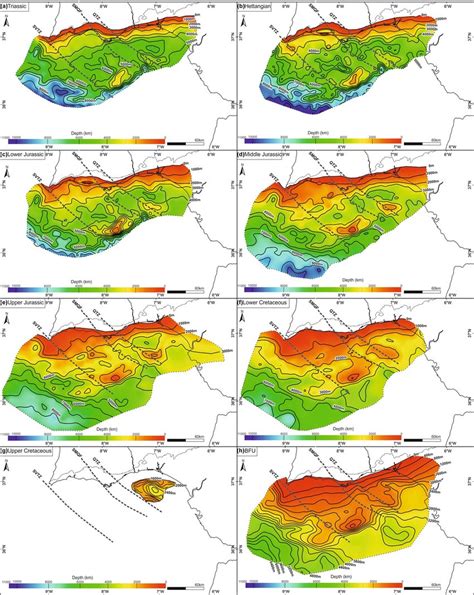 Isobath maps in meters of the top surfaces of the following units: a ...