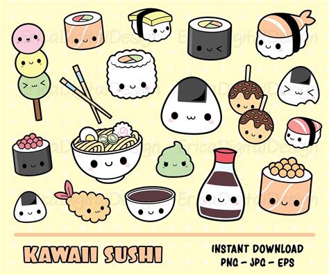 Sushi kawaii Clipart Bundle Cute sushi clip art Onigiri Nigiri Maki ...