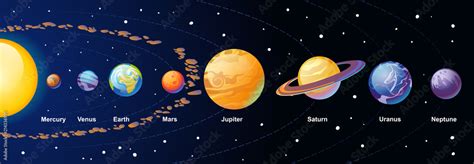 Solar system cartoon illustration with colorful planets and asteroid ...