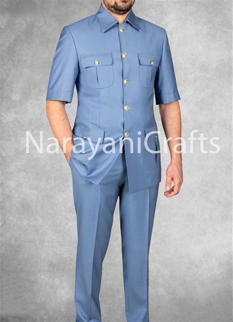 Handmade Traditional Sky Blue Safari Suit for Men for Casual Wear and ...