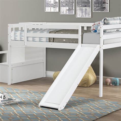 Children's Loft Bed with Storage Stairs and Slide White