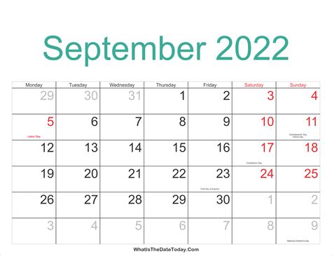 September 2022 Calendar Printable with Holidays | Whatisthedatetoday.Com