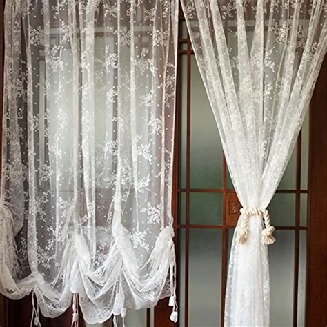 Elegant White Lace Embroidered Sheer Ballon Curtains Adjustable Tie Up ...