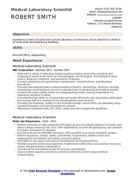 Medical Laboratory Scientist Resume Samples | QwikResume