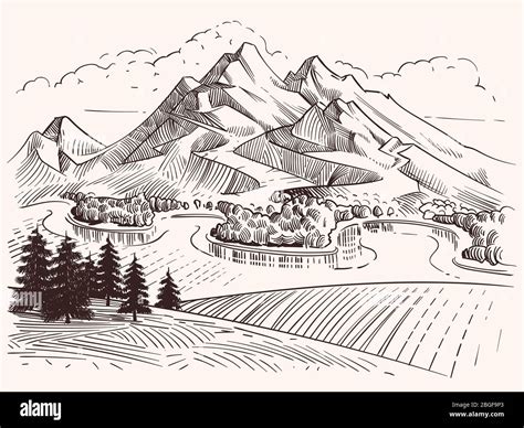 Pencil drawing mountain landscape. Cartoon sketch mountains and fir ...